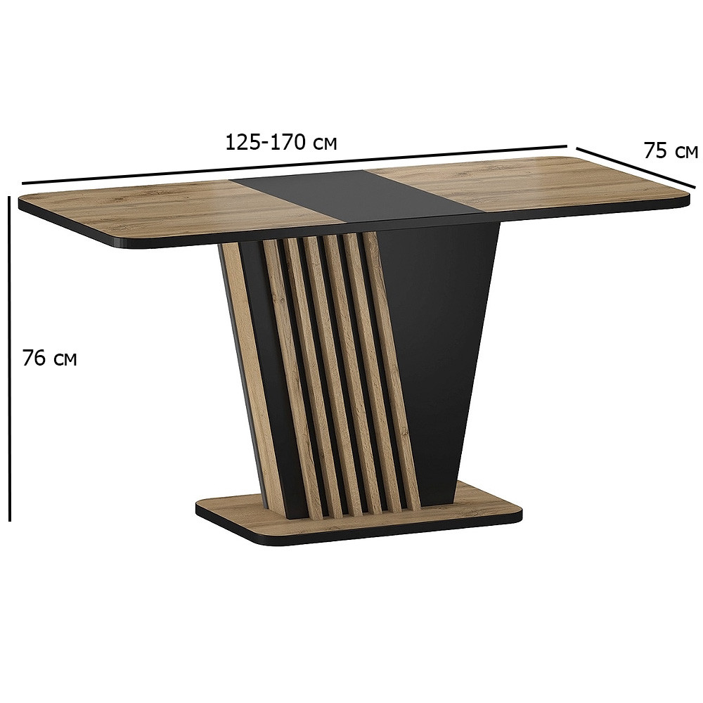Розсувний стіл на 8 осіб Nevio 125-170х75 см дуб артисан з чорними вставками на одній ніжці у вітальню, фото 1