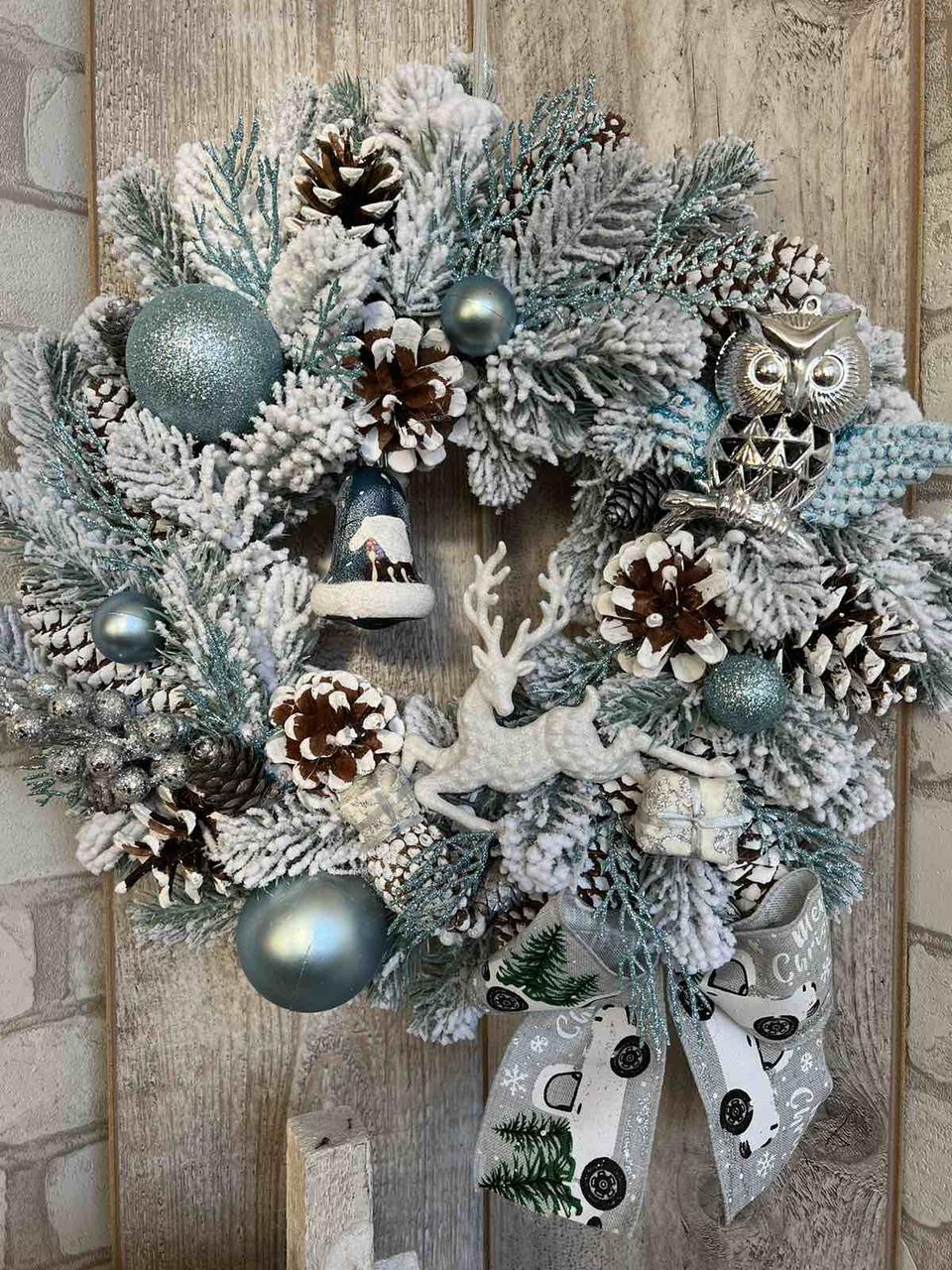 Новорічний віночок з совушкою на двері Блакитна мрія, д 40 см, вінок на Різдво, різдвяний оберіг, фото 1
