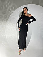 Сукня жіноча міді, трикотажна в рубчик, з прикрасою ланцюжком з камінням, вечірня чорна, S, M, L, XL