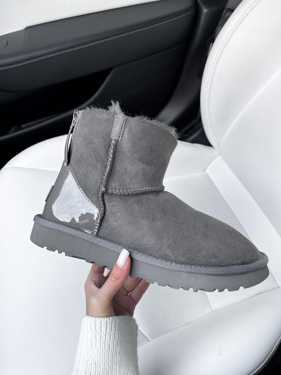 Уггі жіночі зимові сірі UGG Mini Grey Zip Lacquer (14516)