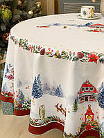 Круглая новогодняя скатерть с защитным покрытием WSI Рождественская открытка Д220см, 100% хлопок