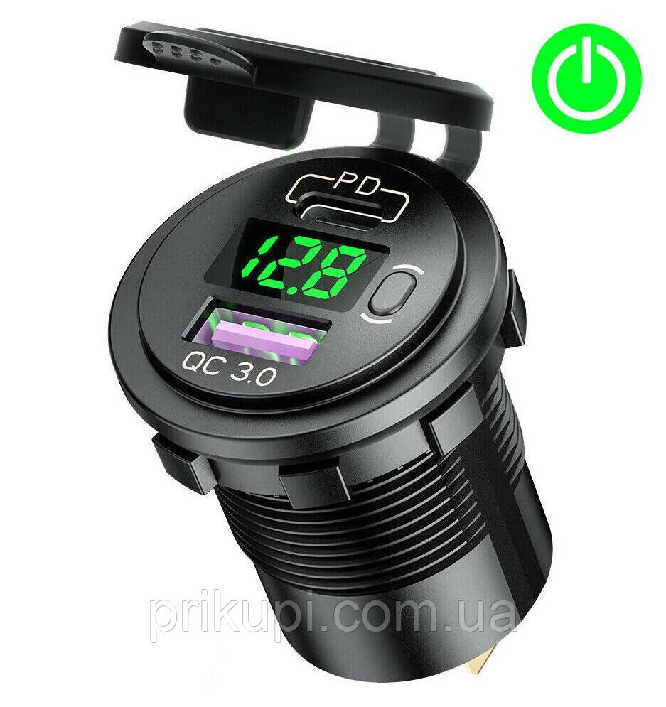 Врізна USB-розетка в авто з вольтметром Quick Charge 3.0 USB + PD Type-C 12В-24В, QC 3.0 (швидке заряджання),