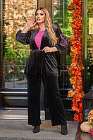 Женский черный бархатный костюм-тройка из малиновой майки, кофты и брюк батал