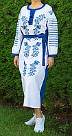 Жіноче лляне плаття вишиванка, плаття біле із синім орнаментом