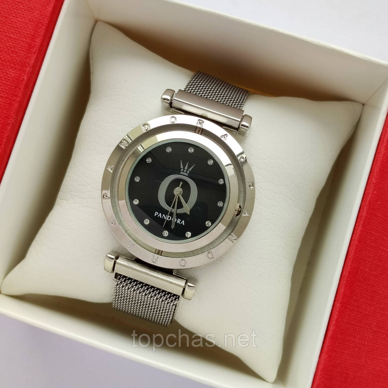 Сріблястий жіночий годинник Pandora (Пандора) з чорним циферблатом що обертається, магнітна застібка - код 2363b