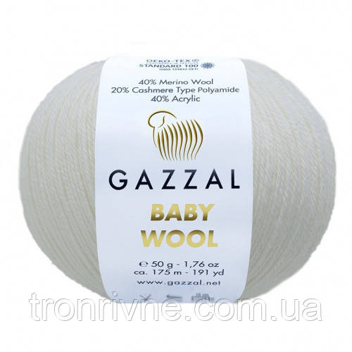 Пряжа для в'язання Gazzal Baby wool. 50 г. 175 м. Колір білий 801