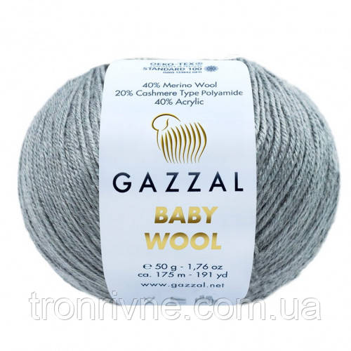 Пряжа для в'язання Gazzal Baby wool. 50 г. 175 м. Колір сірий 818