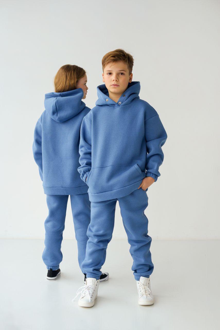 Дитячий флісовий спортивний костюм зимовий синій Комплект оверсайз Худі + Штани на зиму