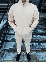 Мужской спортивный костюм зима (бежевый) качественный комплект штаны худи c капюшоном трехнитка флис TWtf3