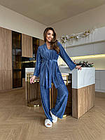 Женская теплая,зимняя бархатная,однотонная брючная пижама(майка+штаны+халат).Домашний костюм 3-ка,с халатом Синий, 46/48