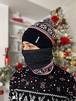 Новогодний комплект шапка+баф микрофлис, зимний вязаный набор с шапкой теплый до -25*С черный