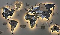 Деревянная многослойная настенная карта мира с подсветкой цвет Cappuccino XS-120х70см