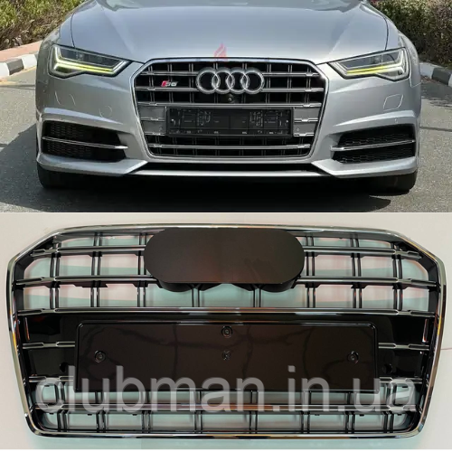 Решітка радіатора AUDI (Ауді) A6 С7.5 (2015-2018) Хром рамка, лого та ребра, чорний глянець сітка, стиль S6