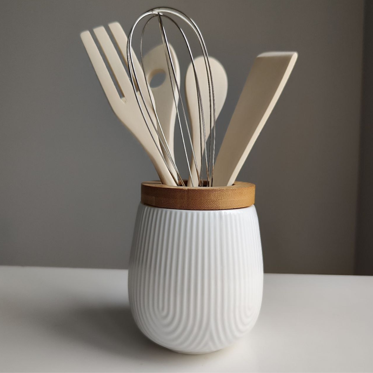 Набори кухонного приладдя дерево 6 предметів з підставкою кераміка білий