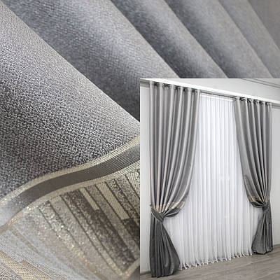 Комплект штор (2шт. 1,45х3м.) льон, колекція "ANZIO". Колір світло-сірий з сірим. Код 1309ш 33-0161