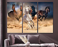 Модульная картина на холсте из трех частей KIL Art Дикий табун лошадей 128x81 см (M3_L_247)