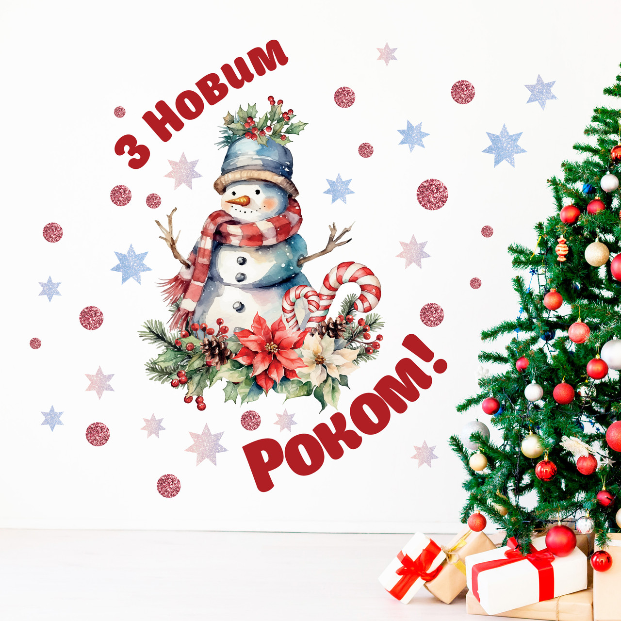 Новорічні наклейки Сніговик з новим роком (різдво сніжинки сніг) Набір S 550х600мм матова