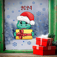 Новогодние наклейки Дракоша с подарками (символ 2024 дракон снежинки снег) Набор S 550х600мм глянцевая