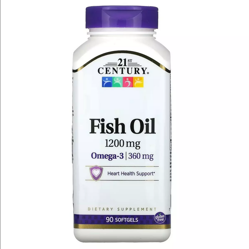 Рыбий жир, 1200 мг, Омега-3, 360 мг, Fish Oil Omega 3, 21st Century, 90 желатиновых капсул