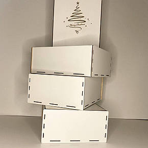 Коробка дерев'яна для корпоративних новорічних подарунків біла з гравіюванням Ялинка, фото 2