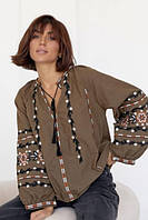 Вышиванка блуза женская, в коричневом цвете с красивой вышивкой размеры S, M, L