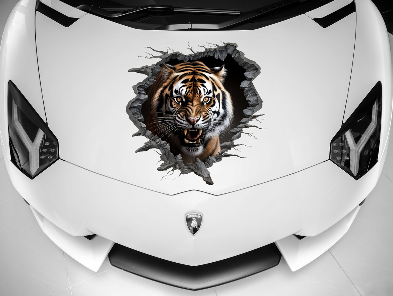 Ефектна 3D-наклейка на машину, крутий тигр, брутальний дизайн, 80*80 см, на чорне, біле або сіре авто.