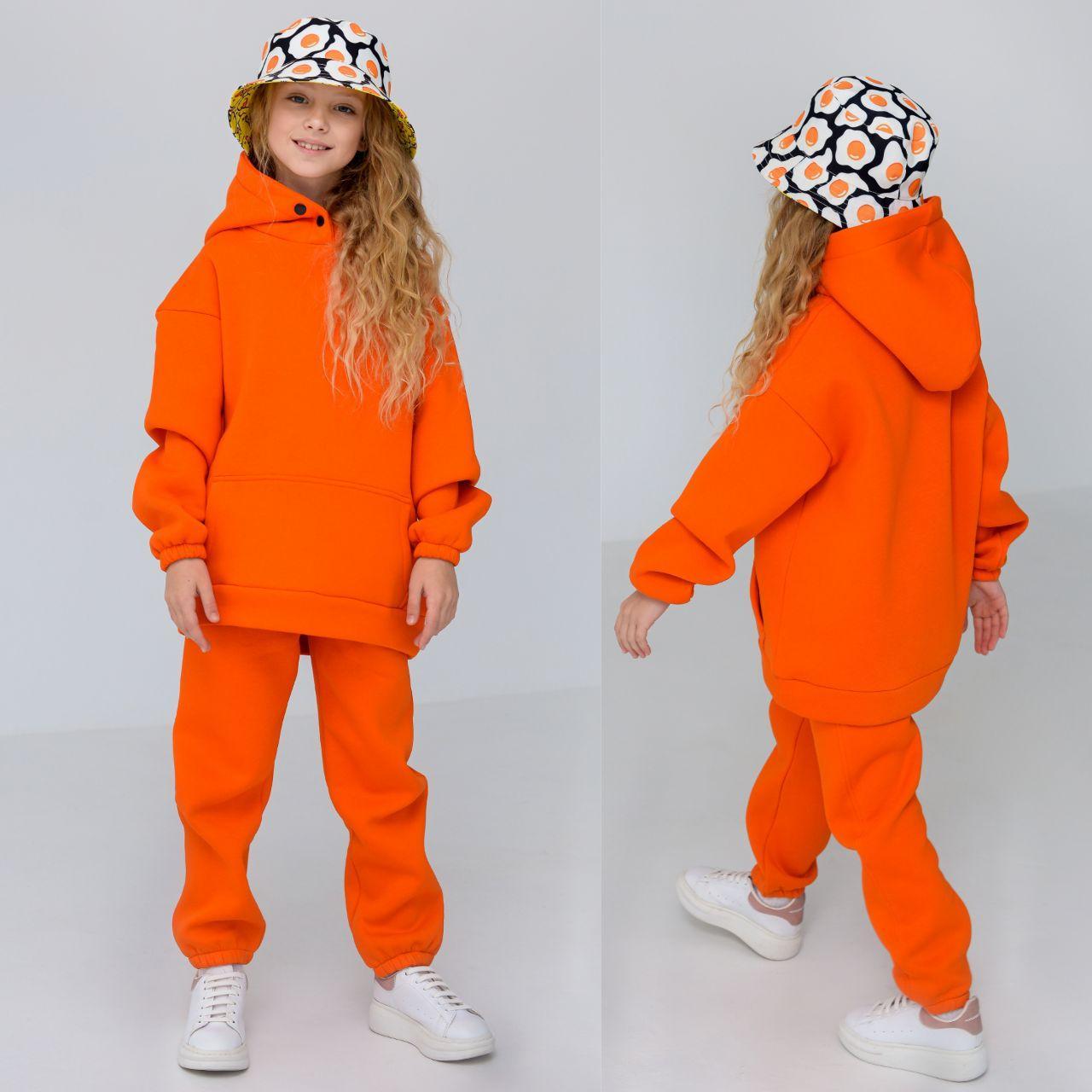 Дитячий флісовий спортивний костюм зимовий помаранчевий Комплект оверсайз Худі + Штани на зиму