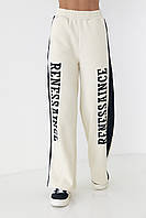 Теплые трикотажные штаны с лампасами и надписью Renes Saince - кремовый цвет, L