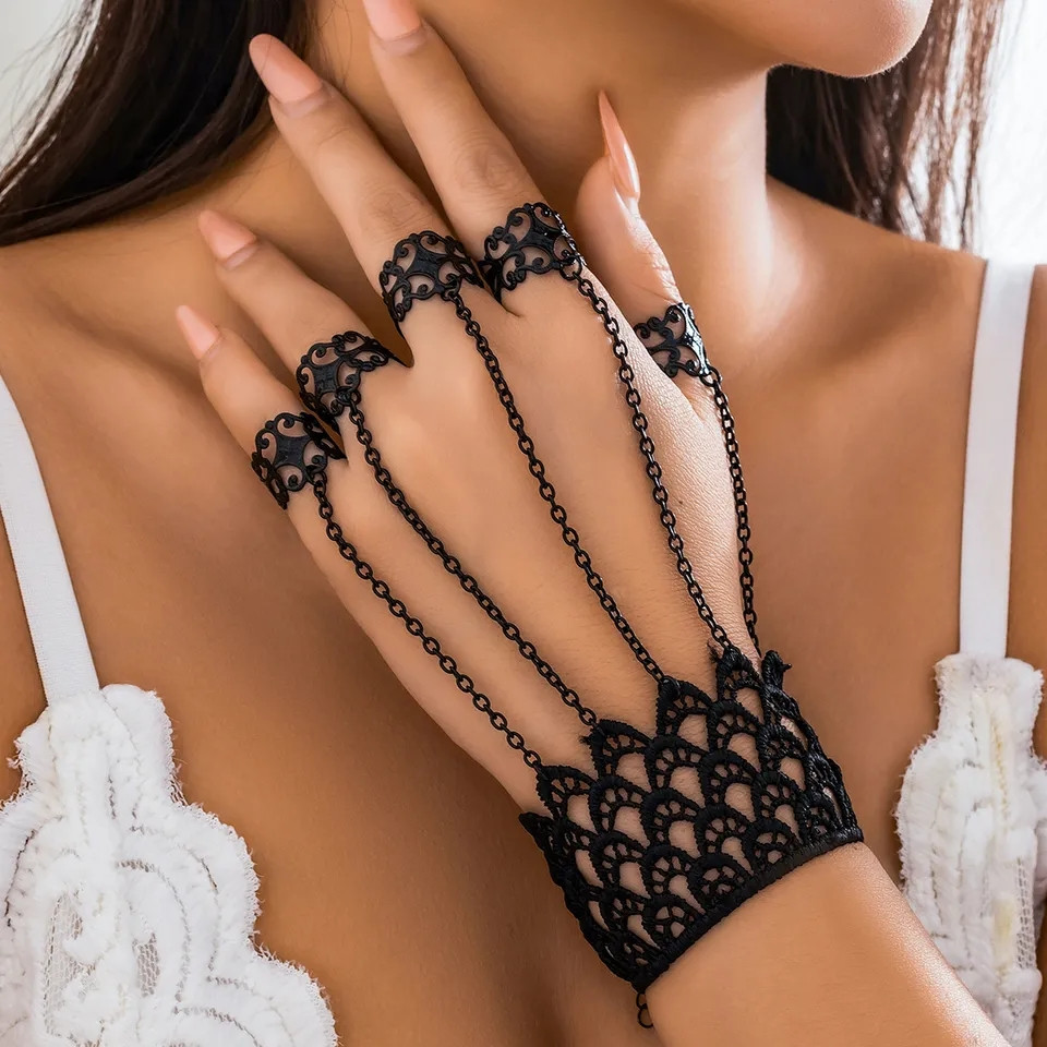 Вінтажні чорні мереживні рукавички браслети кільця на ланцюжку