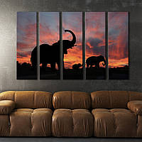 Модульная картина из 5 частей на холсте KIL Art Слоны с маленьким слонёнком 155x95 см (136-51)