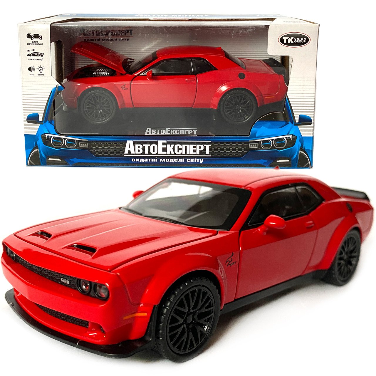 Іграшкова машинка металева Dodge Challenger SRT, Додж, червоний, звук, світло, інерція, відкр двері, багажник, капот, Автоексперт,, фото 1