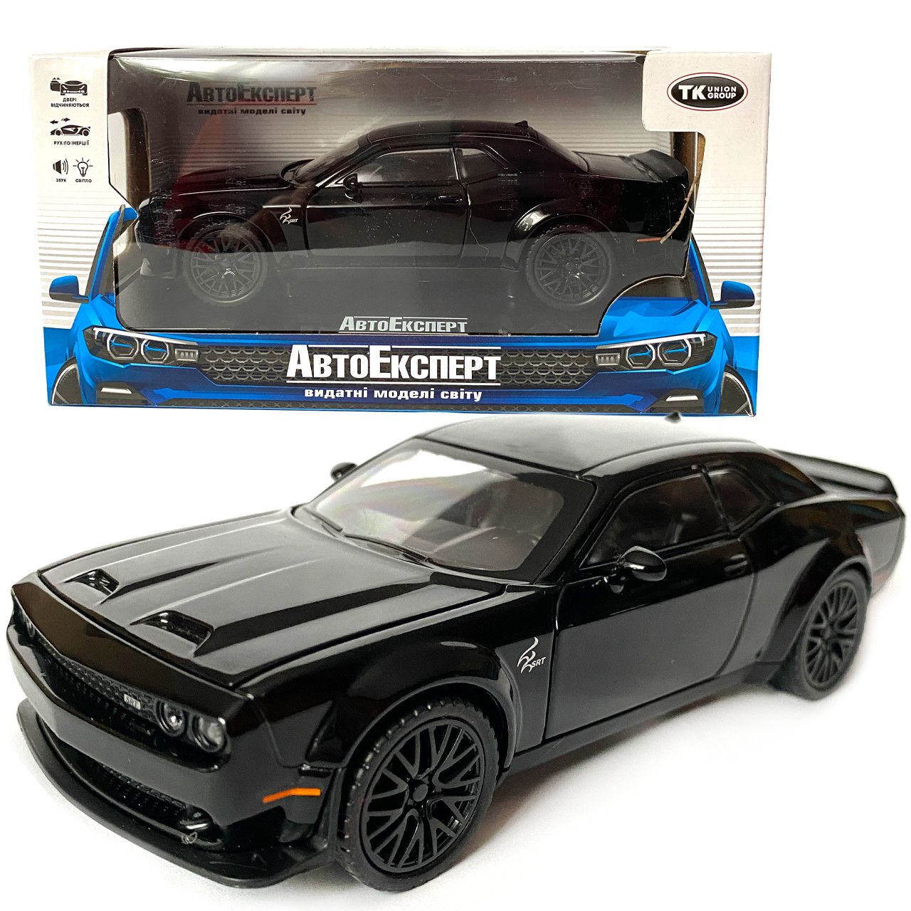 Игрушечная машинка металлическая Dodge Challenger SRT, Додж, черный, звук, свет, инерция, откр двери, - фото 1 - id-p2039442835