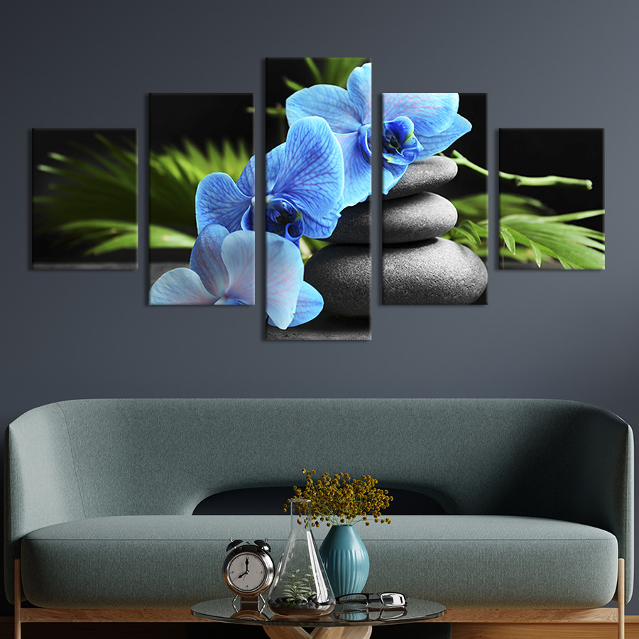 Модульна картина з 5 частин на полотні KIL Art Гілка лазурної орхідеї та спа-камені 187x94 см (71-52)