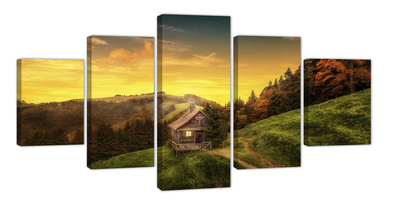 Картина з 5 частин на полотні KIL Art Пейзаж будиночок у горах і світанок сонця 162x80 см (m52_L_45)