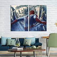 Картина диптих на холсте KIL Art для интерьера в гостиную Человек-паук над туманным городом 165x122 см (648-2)