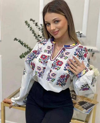 Вишиванка блуза жіноча, білого кольору з яскравою вишивкою, рукава довгі розміри S, M, L, фото 4