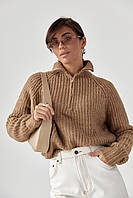 Женский вязаный свитер oversize с воротником на молнии - светло-коричневый цвет, L