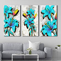 Модульна картина на полотні KIL Art триптих Квіти Сині лілії 156x100 см (MK311646)
