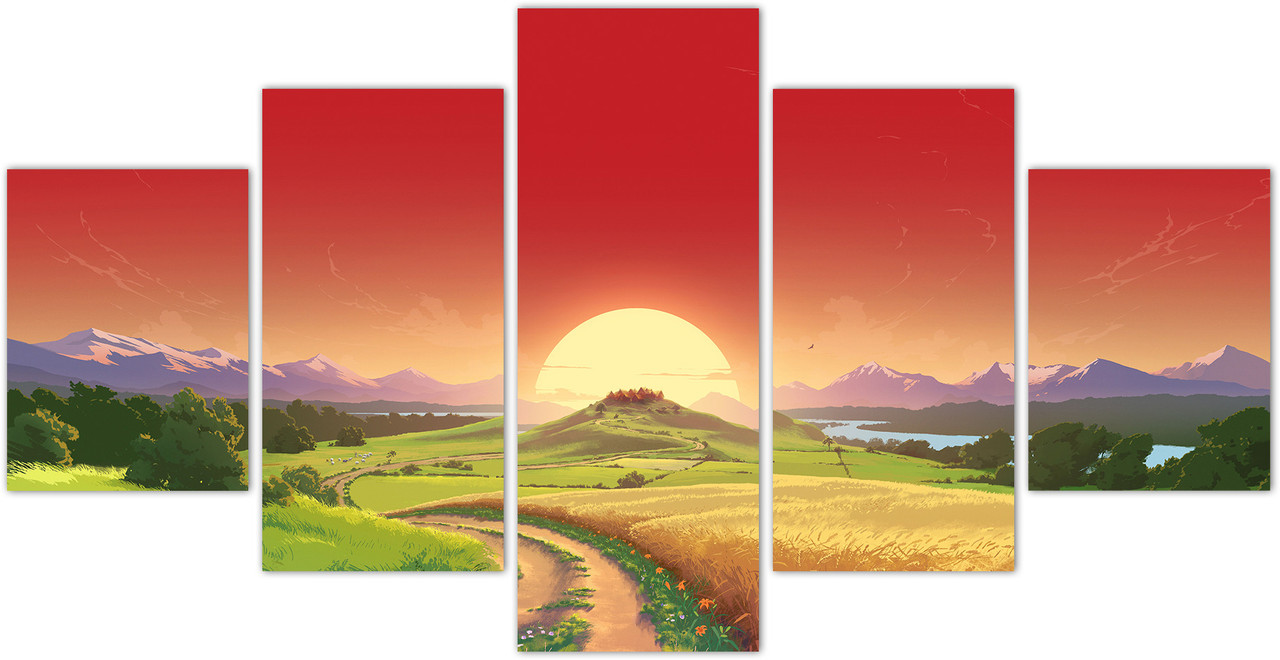 Картина з 5 частин на полотні KIL Art Пейзаж гір,тропінки в село, поля та заході сонця 187x94 см