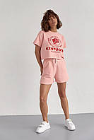Женский спортивный комплект с шортами и футболкой - пудра цвет, S