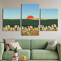 Модульная картина из 3 частей на холсте KIL Art Природа Закат солнца и золотые цветы 141x90 см (MK322034)
