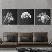 Модульная картина на холсте KIL Art триптих Чернобелые волки и луна 156x50 см (MK322407)