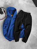 Мужской спортивный костюм зимний осенний теплый на флисе Худи синий + Штаны черный премиум качество