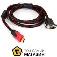 Кабель Voltronic Кабель HDMI (папа)-VGA (папа) 1,5м, 2 феррита, оплетка, круглый Black/RED, Пакет (работает