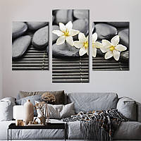 Картина на холсте KIL Art для интерьера в гостиную Камни и белые цветы на бамбуковом столе 141x90 см (76-32)
