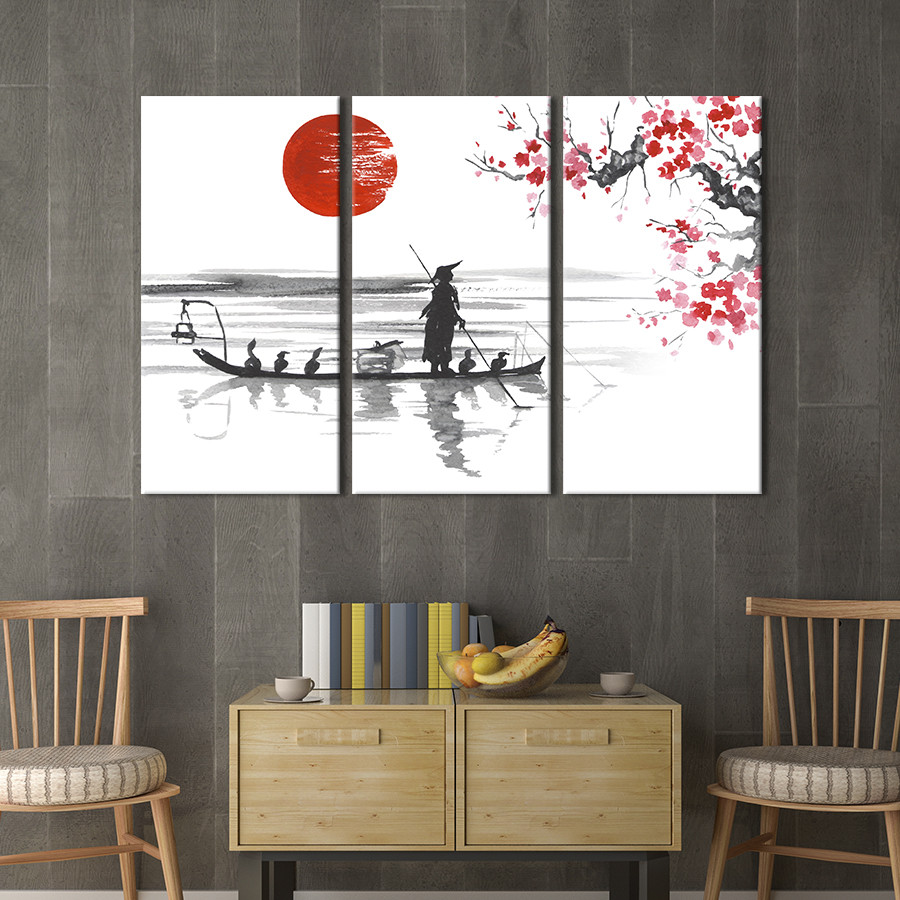 Модульна картина триптих на полотні KIL Art Японська графіка старий у човні та східне сонце 128x81 см