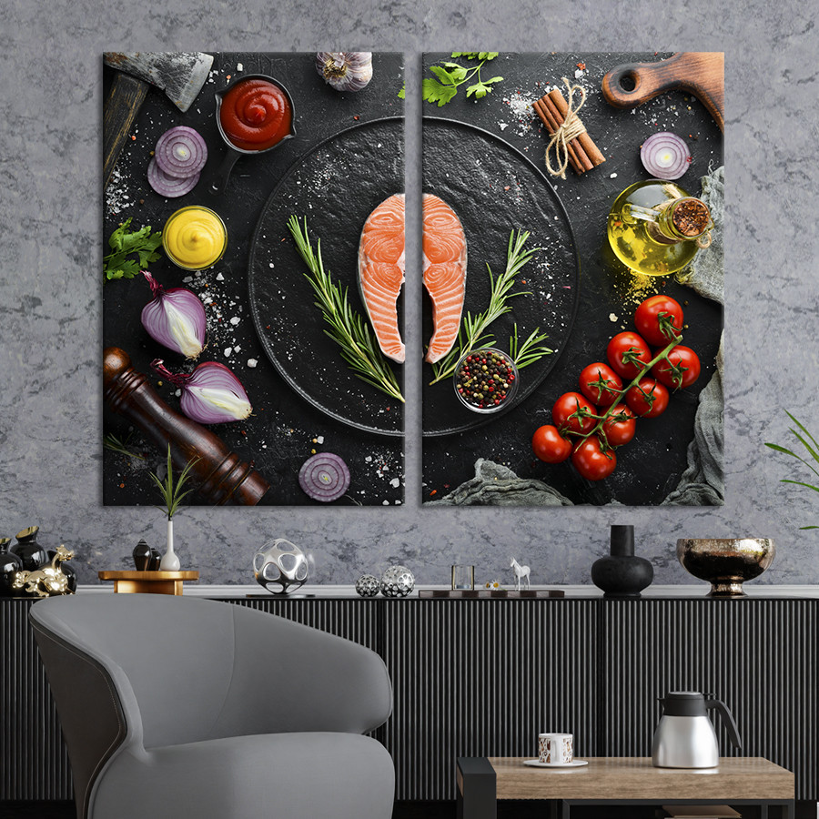 Модульная картина из двух частей KIL Art Черная тарелка с сырым стейком ...