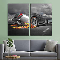 Картина диптих на холсте KIL Art для интерьера в гостиную спальню Машина с пламенем 165x122 см (93-2)