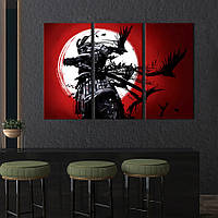 Модульная картина триптих на холсте KIL Art Самурай и вороны на красном фоне 156x100 см (532-31)