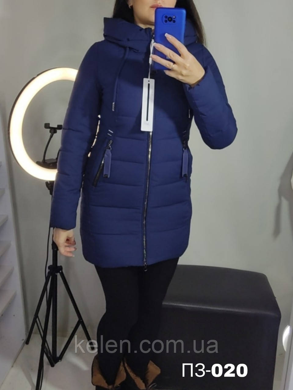Зимове напівпальто (подовжена куртка) жіноча в синьому кольорі приталена /розмір S (укр 42)